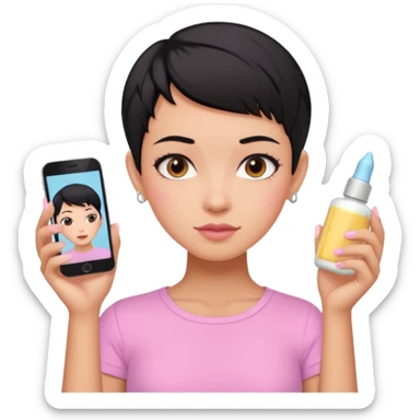 tan girl pink shirt with black hair & a pixie, cut no earrings, doing cute pastel colors skin care sticker