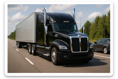 A realistic scene of a 2026 Kenworth W680 sleeper semi truck, black with chrome stacks, driving down the road with a car in front. The scene includes a visible road and background, capturing the truck and car in motion with detailed realism. sticker