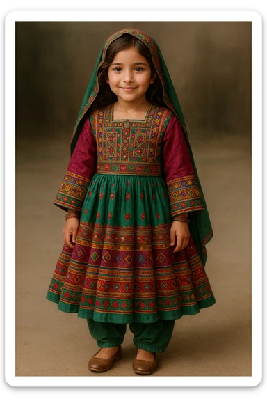 a dark brown haired girl wearing a traditional Afghan dress, vibrant colors, detailed embroidery, standing, full body, friendly expression sticker