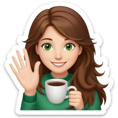 Long, Brown haired girl with middle hair part, with green eyes, smiling, waving with one hand, coffee mug in the other sticker