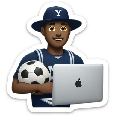 guy wearing a Yale university hat holding a soccer ball and a MacBook computer sticker