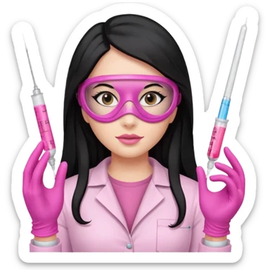 laboratorista con guantes rosa y mascarilla rosa jeringa tubos sin lentes pelo lacio negro y largo sticker