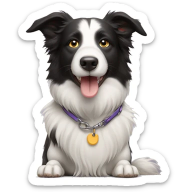 Border collie dog sitting down with tongue out and leash sticker