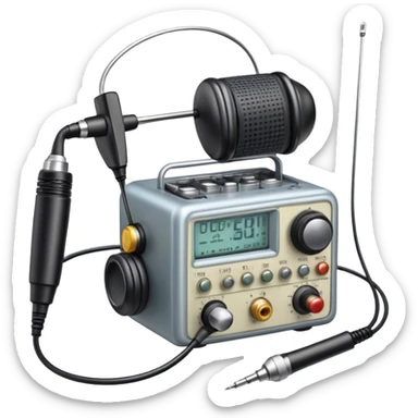 A photorealistic icon featuring a ham radio transceiver, headphones, microphone, antenna, radio equipment like soldering tools and cables, soldering iron in use. The design includes detailed textures and realistic lighting. Transparent background. sticker