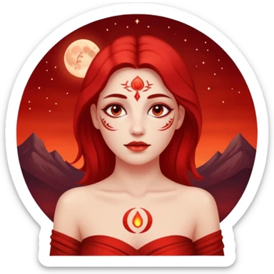 Woman standing under red moonlight, bare shoulders, ritual markings faintly glowingWoman standing under red moonlight, bare shoulders, ritual markings faintly glowing sticker