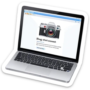 Create an emoji representing blogging. The design should feature an open laptop with a visible blog post on the screen, showing text. Add a photo or video camera to emphasize multimedia content. Do not include any emojis or smiley faces. Make the background transparent. sticker