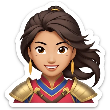 Cinematic Playful Mulan Portrait Emoji, Mid-laugh with a strand of hair falling over her face, adjusting her armor, eyes full of adventure, exuding an irresistible mix of beauty and fun, the perfect blend of warrior and princess! sticker