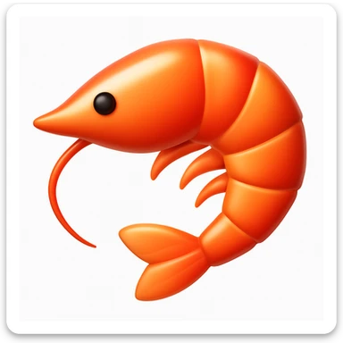 Create a shrimp emoji that looks exactly like the reference image in iOS emoji style. The emoji should have a 3D appearance with shiny, smooth gradients, soft shadows, and a realistic shrimp shape, capturing the classic emoji look. sticker