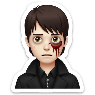 Zombie, emo guy with dark circles under his eyes and medium brown hair with straight bangs, in a black long
 sticker
