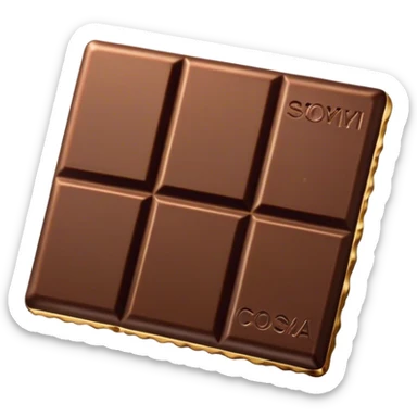Cinematic silky dark chocolate bar, broken into perfect squares, rich cocoa tones, slightly melting edges, fine texture and decadent shine, warm golden highlights, tempting and rich. sticker