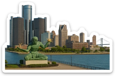 cinematic, realistic emoji of Detroit, wide city view featuring only real, iconic landmarks including the Renaissance Center, Spirit of Detroit, Detroit Riverwalk, and Ambassador Bridge, lifelike detail, accurate colors, bright daytime lighting, fully transparent background, no sky, no clouds, no imaginary or generic buildings sticker