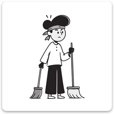 Levi Ackerman cleaning with bandana over hair, gloves, holding broom, annoyed expression sticker