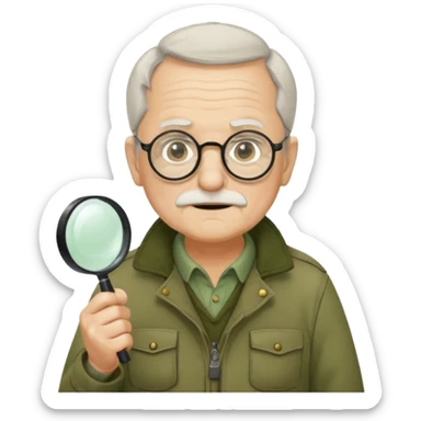 old man in beige moss green explorer outfit, wear black glass, hat, holding magnifying glass sticker