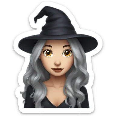 cute witch with long dark brow hair and hat sticker