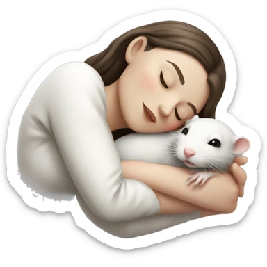 white brunette sleeping woman cuddling with one tiny white rat with red eyes sticker
