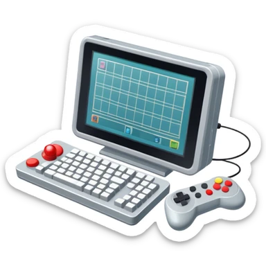 Emoji for Game Design: computer screen with Professional game development interface, 3D models, pixel art and design tools like grid, wireframe, gamepad, joystick, stylus. Symbolizes the technical and creative process of game development. Transparent background. sticker