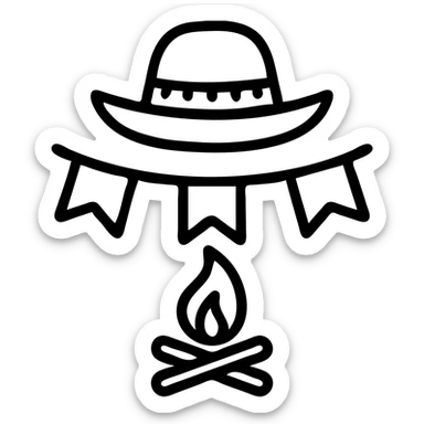 festa junina icon featuring a straw hat, bunting flags, and a bonfire, clean modern icon style sticker