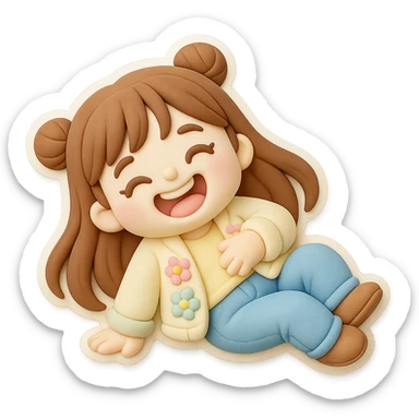 3D chibi girl in fondant cake art style, high-quality rendering with smooth shadows and soft gradients, long brown hair in two space buns, brown eyes, jeans, pastel floral cardigan, thick white outline like a sticker, transparent background, rolling on the floor laughing, preserve facial features from reference image sticker