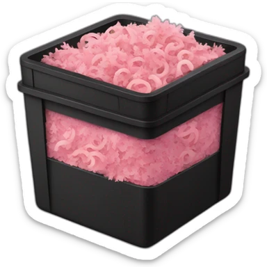 Black cubic plastic container with wood shavings and pink worms inside sticker