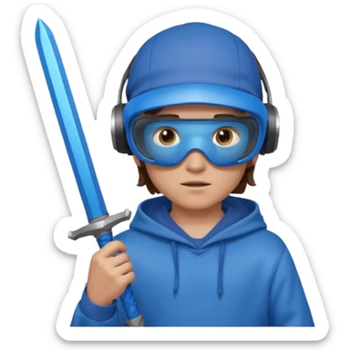a boy with brown hair, a blue vr headset. a blue hoodie and a blue sword sticker