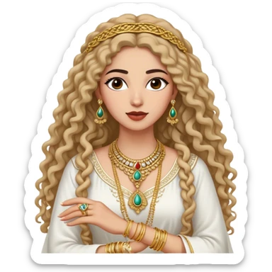 The Palestinian woman, she had long curly hair and well defined eyebrows wears a white traditional dress. Her accessories steal the spotlight—intricately designed gold bangles, statement rings, and layered necklaces—each piece exuding heritage and craftsmanship.  sticker