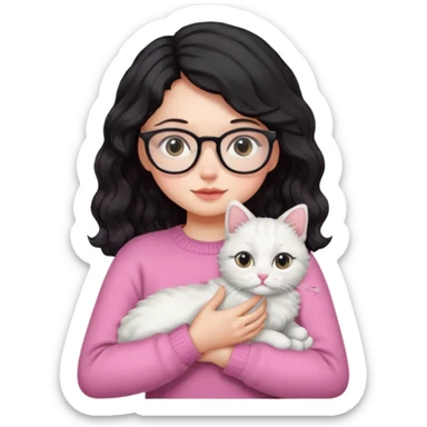 a girl with a black wavey hair, wearing a pink sweater and glasses, holding a cute white cat, only upper body sticker