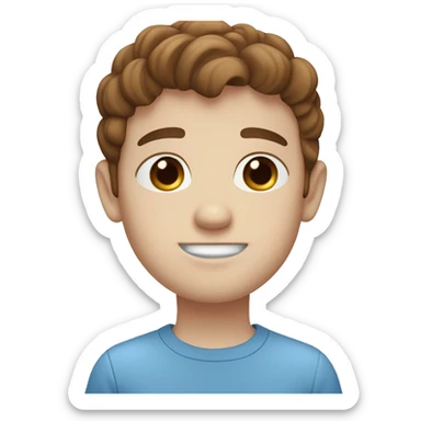 A boy With brown hair, blue eyes white skin a blue shirt, freckles, and a mouth ￼￼ sticker