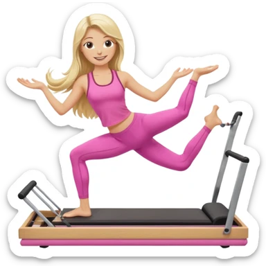 long haired blonde pilates instructor teaching reformer in pink set sticker
