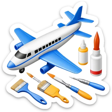 photorealistic icon featuring model-building tools like glue, paint, paintbrushes, pieces of a plastic model airplane in the process of being assembled. The design includes detailed textures of the model pieces and tools, capturing the focus and creativity of model building. Transparent background. sticker