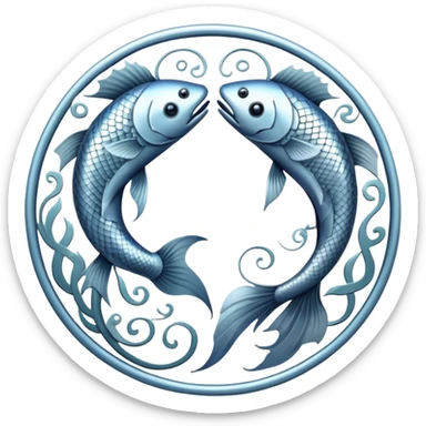 The zodiac symbol Pisces. Two fish in a “yin-yang” formation. One fish’s head is facing the other fish’s tail, and vice versa forming a hoop sticker