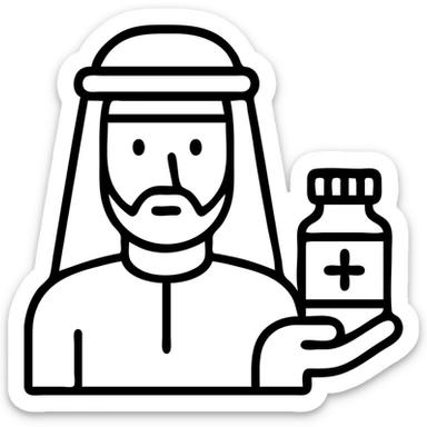 Arab man with traditional head covering holding medicine bottle sticker