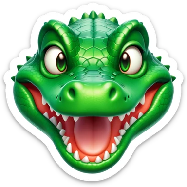 Cinematic Comical Crocodile Portrait Emoji, Head tilted dramatically with an exaggeratedly amused expression, featuring a striking, glossy emerald-green hide with bold textured scales and wide, expressive eyes filled with playful disbelief, Simplified yet hilariously expressive features, highly detailed, glowing with a slightly sassy glow, high shine, dramatic yet playful, stylized with an air of cheeky mischief, bright and endearing, soft glowing outline, capturing the essence of a spirited and over-the-top crocodile, so meme-worthy it feels like it could snap its jaws into internet fame instantly! sticker