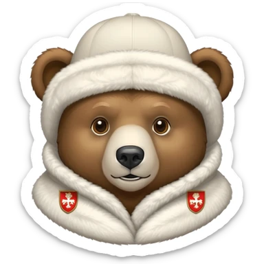 Just the head of a bear wearing white ushanka hat with detailed Russian coat of arms emblem centered on hat, iOS emoji style sticker