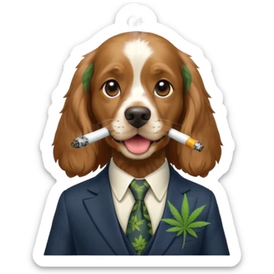 Happy english cocker spaniel dressed in a suit smoking marijuana sticker