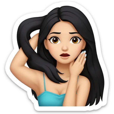 latina girl with makeup and long black hair having her arms crossed holding her neck freaking out sticker