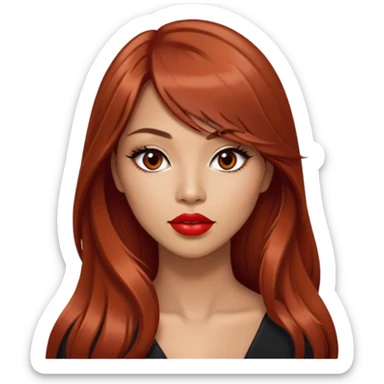 gorgeous woman, light tan skin, very long auburn hair, side bangs, black eyes, lipstick, model, latina, asian, mixed sticker