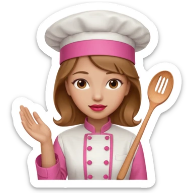 Girl in pink chef outfit, light brown hair, light skin, red lipstick sticker