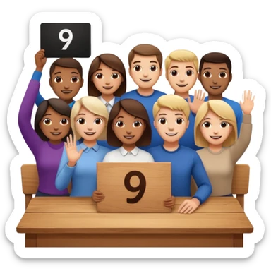 group of people behind a table, one holding a sign with the number 9 sticker