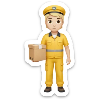 german delivery guy with yellow uniform and package with no hat sticker