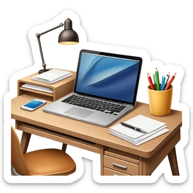 emoji of a cozy desk with a paper and a laptop on it sticker