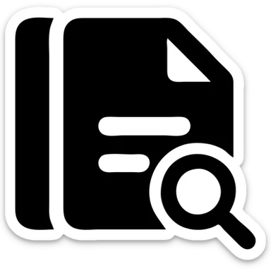 Solid filled icon style with black color and transparent background. Minimalist silhouette of a list sheet with rounded corners and solid fill. Add a magnifying glass icon overlay on the sheet. sticker