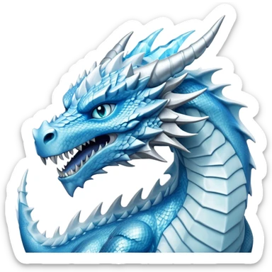 Cinematic Noble Fierce Ice Dragon Portrait Emoji, Poised and imposing, with a muscular, scaled body shimmering in glacial hues of icy blue, frostbitten silver, and crystalline white, breathing out frost, with piercing, glowing eyes that radiate the chilling depths of an arctic storm; rendered in detail. sticker