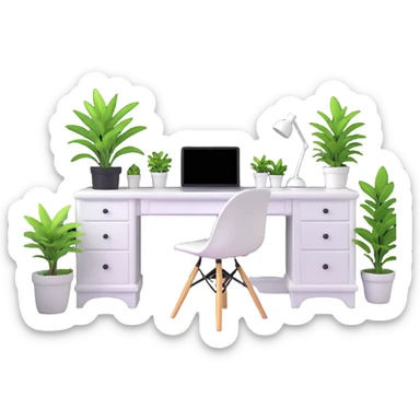 bright clean teenage room with white furniture, white vanity, white desk, white bed, and potted plants sticker