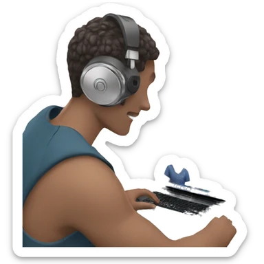 A person editing videos on laptop with headphones sticker