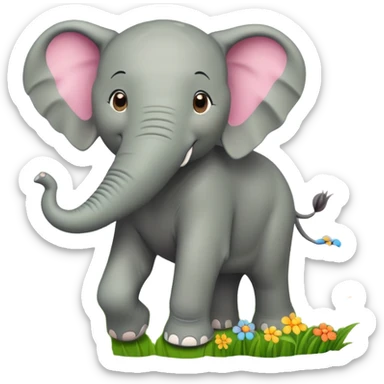 A cheerful elephant walking through a vibrant green meadow, with a bright sun in the sky, small flowers scattered around, and a playful expression on its face. The elephant has a slight smile, and its trunk is raised slightly, as if enjoying the fres sticker