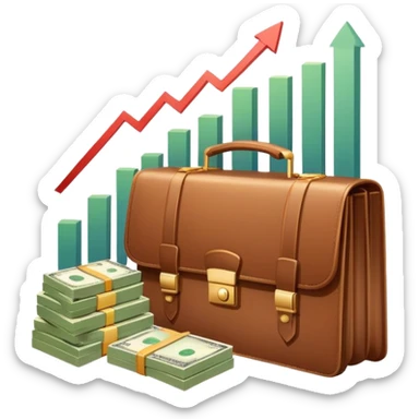An icon showing a briefcase, a stack of money, and a graph with upward growth, representing business and entrepreneurship. The design highlights innovation, investment, and success in the world of startups and corporate ventures. Transparent background emphasizes the dynamic nature of business. sticker