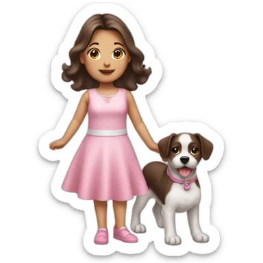 girl brunette with small white dog in pink dress sticker