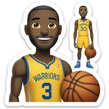 A basketball player with a blue and yellow jersey that says warriors and has the number 30 on it standing by a Lamborghini  sticker