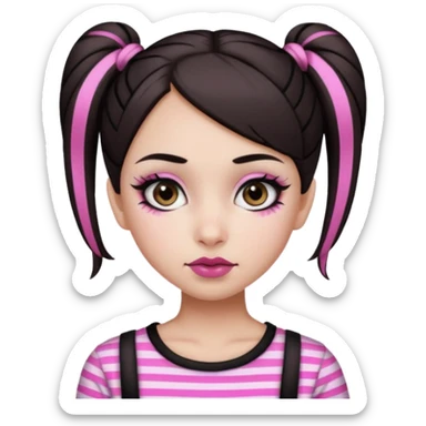 generate a pretty fair bratz girl with dark brown eyes. Dark brown hair straight hair with pink highlights tied into buns.  eyeliner. black lipstick. Wearing a white and black striped top sticker