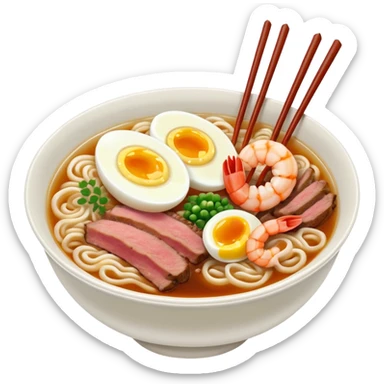 A bowl of ramen with sliced beef and chives and egg and some fried shrimp  sticker